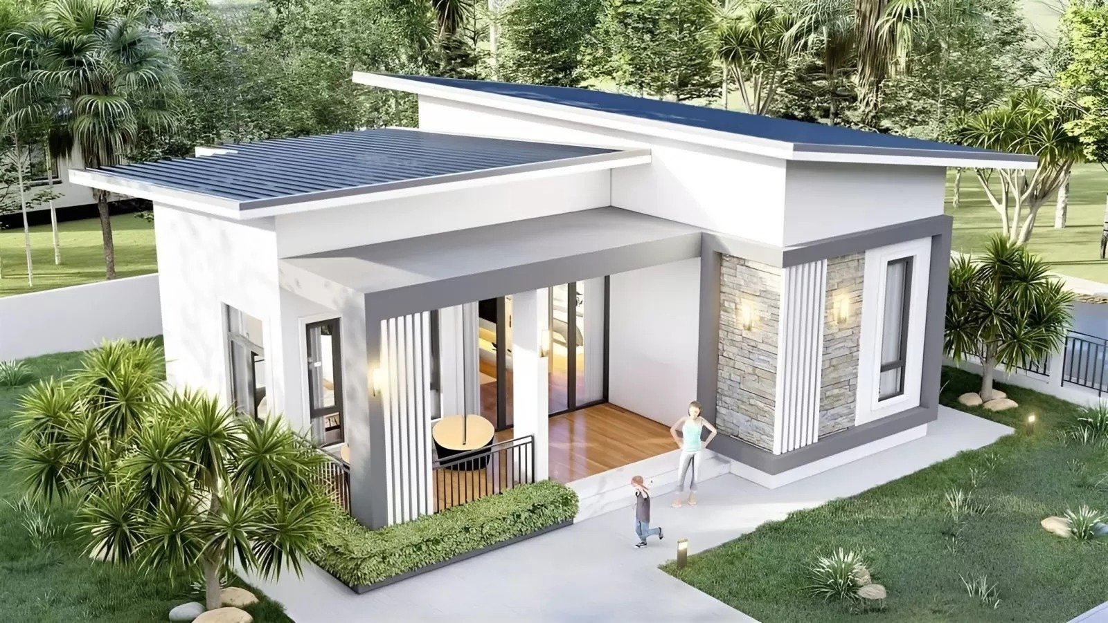 Mẫu nhà vườn mái xéo có sân chơi rộng cho trẻ em