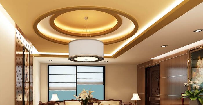 Mẫu trần thạch cao hình elip thiết kế tối giản kết hợp hệ đèn chìm ánh sáng vàng